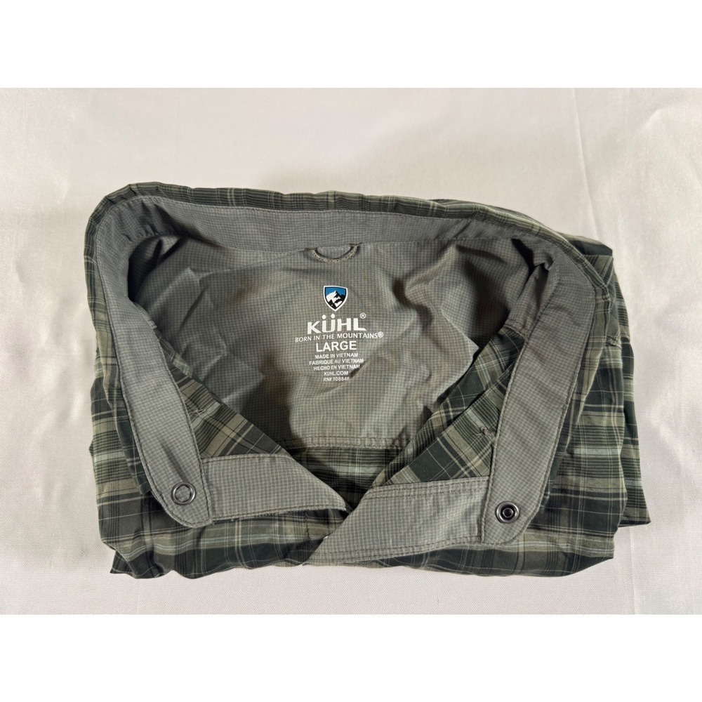 Kuhl Mens Green Plaid Long Sleeve Button Down Shirt Large Ripstop Lens Cloth